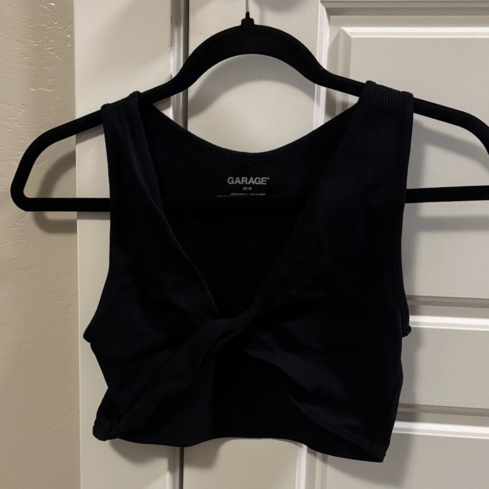 Garage Black Ribbed Twist-Front Crop Tank